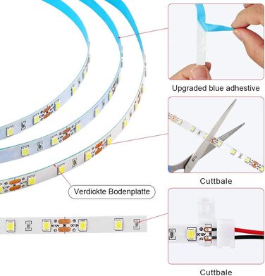 Світлодіодна стрічка KWODE, світлодіодна стрічка з регулюванням яскравості 3000K тепла біла та холодна біла стрічка 6000K, світлодіодна стрічка 12 В із джерелом живлення та дистанційним керуванням для стелі, кухні, спальні (холодний білий, 5 м)