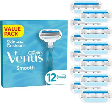 Леза бритви Gillette Venus Smooth для жінок, 12 змінних лез для жіночих бритв з 3 лезами, що підлаштовуються під контур тіла, оточені захисними подушками