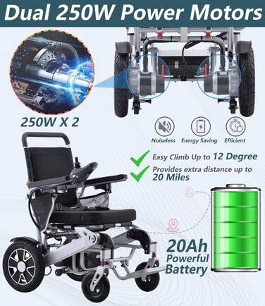 Портативні електричні інвалідні коляски Broobey для дорослих, легкі електричні інвалідні візки зі складною опорою 150 кг, електричні інвалідні візки для людей похилого віку, 30 км далекого радіусу дії (акумулятор 20 Ач) 20 Ач-Срібло