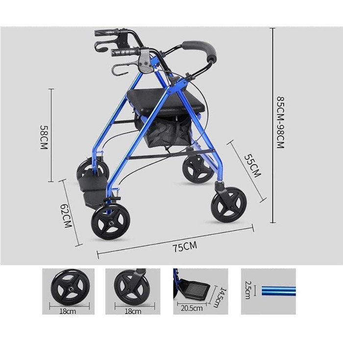 Допоміжний засіб для ходьби для людей похилого віку, алюмінієвий складаний допоміжний засіб для ходьби Допоміжний засіб для пересування Rollator Візок для покупок з сидінням і ручним гальмом і звільненням від рухливості підставки для ніг