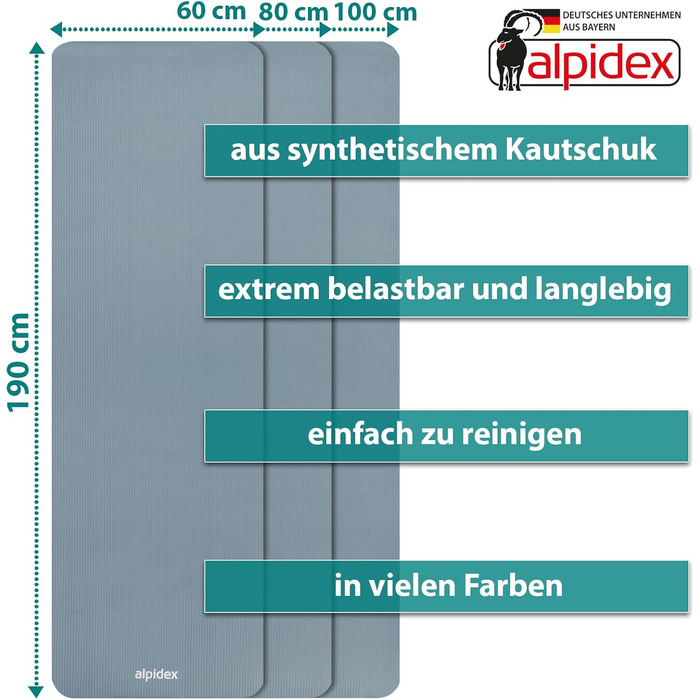 Килимок для йоги ALPIDEX Дуже товстий гімнастичний килимок 1,5 см 3 розміри Нековзний фітнес-килимок без фталатів Перенесення ременя Гімнастика Пілатес Спорт Фізіо HiiT Тренувальний килимок для йоги Килимок для сну (крижано-блакитний, 190 x 100 x 1,5 см)