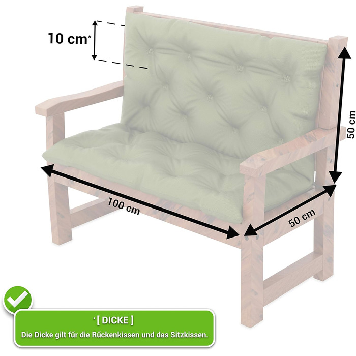 Подушка для лавки з кріпленням Подушка для саду - Подушка сидіння та спинка 100x50 x10см з набором подушок для стільця з 2 предметів - Водонепроникний - Для вулиці та приміщень - Зелений асортимент з 3 предметів Зелений