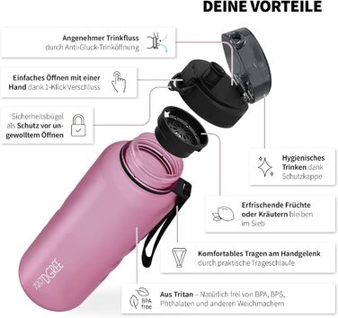 Пляшка для води 720DGREE 1л Sport 'uberBottle softTouch Sieb - Без BPA - Пляшка для води для універу, роботи, фітнесу, велосипеда, активного відпочинку, роботи - спортивна пляшка з тритану - легка, ударостійка, багаторазова (2000 мл, 20 троянд - рожевий С