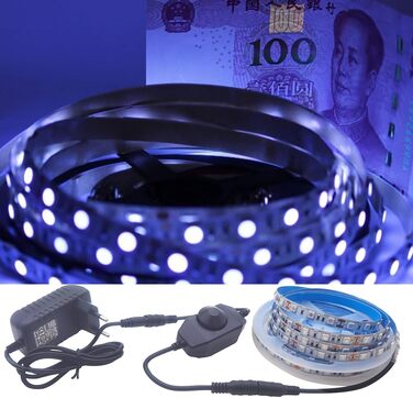 УФ світлодіодна стрічка Blacklight Strip з можливістю затемнення, стрічкова стрічка SMD 5050 60led/m світлова струнна стрічка з блоком живлення для декору Carnival Bar Disco Party, комплект 5M IP20 5050