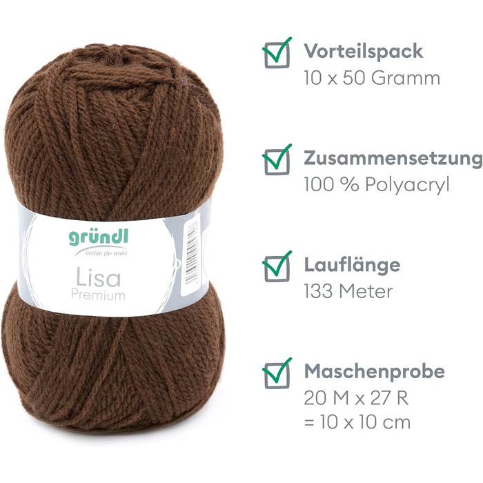 Пряжа Grndl Lisa Premium Uni Knitting & Crochet Yarn (м'яка і схожа на шерсть, пряжа для в'язання, що легко миється, з 100 поліакрилу, 50 г/ 133 м, розмір голки 3,5 - 4,5, 10 кульок по 50 г кожен), (шоколад)