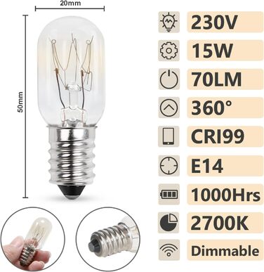Вт лампа для холодильника 230 В, лампи для соляної лампи 2700 К Тепло-біла лампа з можливістю затемнення для холодильника, морозильника, швейної машини, витяжки, соляної лампи - 4 шт., 14 15