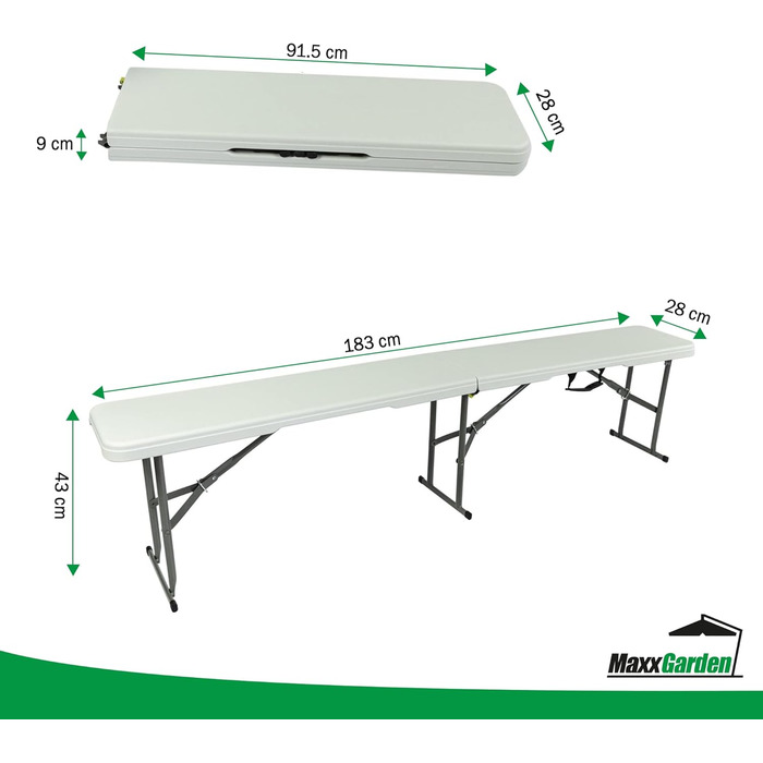 Садова лавка MaxxGarden - Пивна лавка - Складна лавка - 183x28x43см - Набір шатрів/Набір пивних наметів - Відкрита лавка - Пластикова лавка для кемпінгу - біла 183 x 25.5 x 43 см