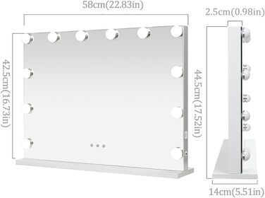Голлівудське дзеркало для макіяжу з 15 лампочками з регулюванням яскравості велике дзеркало для макіяжу 58X46 см з освітленням інтелектуальний сенсорний екран з регулюванням яскравості театральне дзеркало настільне дзеркало біле 46L x 58B см