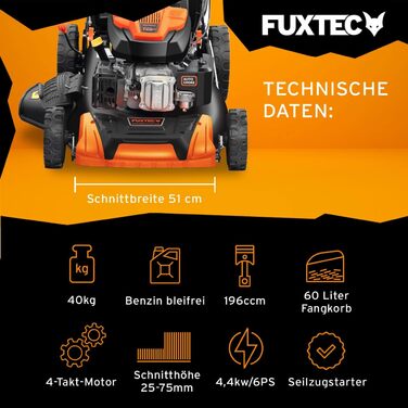 Бензинова газонокосарка FUXTEC 4 в 1 FX-RM5196 з функцією Edge-Cut, садова косарка з функцією бічного викиду, ширина зрізу 51 см, 4-тактна з заднім приводом, колеса Big Wheel на шарикопідшипниках, травозбірник 60 л 6PS - ширина зрізу 51 см