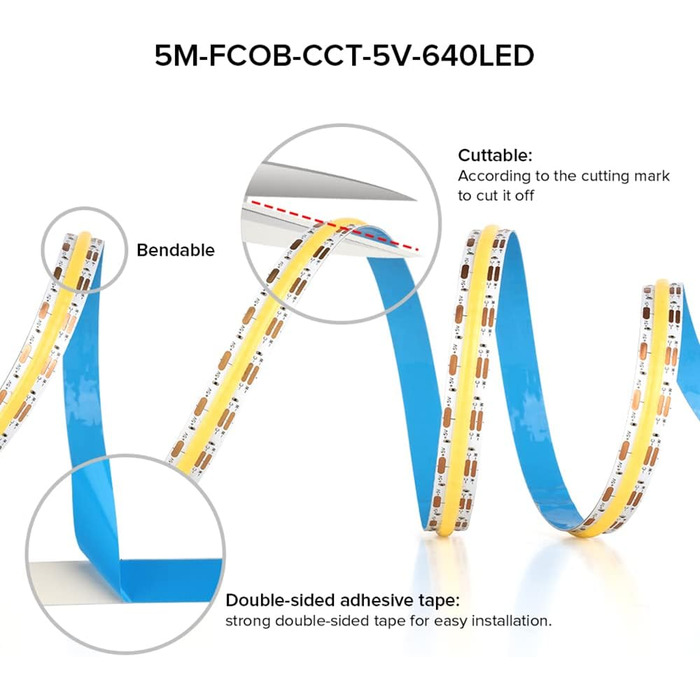 Настроювана гнучка світлодіодна стрічка високої щільності теплого білого-холодного білого (3000K-6000K) 5M DC24V 640 світлодіодів/м 14 Вт/м Регульована світлодіодна стрічка CRI90 з можливістю регулювання яскравості для прикраси своїми руками (не вміст, дж