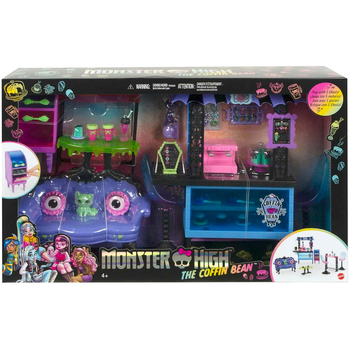 Ігровий набір Monster High Caf Black Soul - моторошні меблі, випічка та напої, стійка, подарунковий набір для 5 ляльок, понад 20 окремих деталей, HMV78