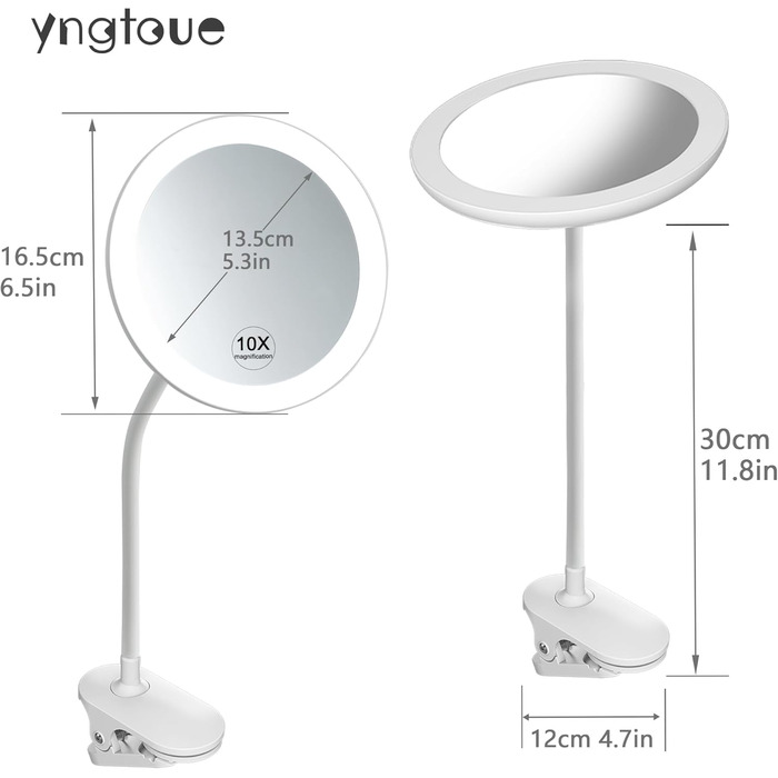 Косметичне дзеркало на кліпсі з підсвічуванням, дорожнє дзеркало на гусячій шиї, зарядка від USB (біле, 10X), 16.5