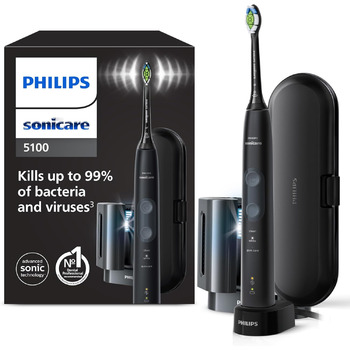 Електрична зубна щітка Philips Sonicare ProtectiveClean 5100, звукова зубна щітка з 3 режимами чищення, датчик тиску, таймер, дорожній футляр, ультрафіолетовий очищувач, чорний, модель HX6850/57 з ручкою та дезінфікуючим засобом