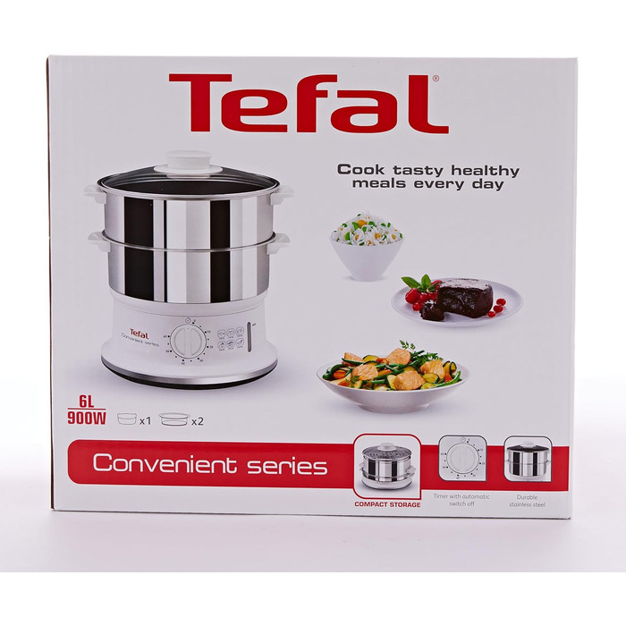 Відпарювач Tefal VC1451 2 контейнери з нержавіючої сталі Ємність 6 л Діаметр 24 см Таймер і автоматичне відключення 900 Вт Біла ЗРУЧНА СЕРІЯ