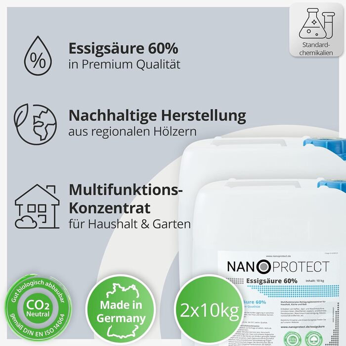 Оцтова кислота Nanoprotect 60 2 x 10 кг кліматично нейтральна, для чищення та видалення накипу