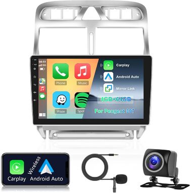 Автомобільна стереосистема для Peugeot 307 2007-2013 Carplay Android автомобіль, радіо 9-дюймовий сенсорний екран Радіо Bluetooth HiFi GPS навігація WiFi Mirror Link FM RDS камера 2 Din екран для Peugeot 307 (4G 64G)