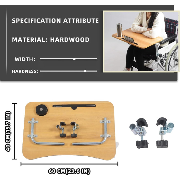 Столик для інвалідного візка знімний, стіл для інвалідного візка з отвором для чашки та слотом для мобільного телефону, стіл для інвалідного візка з двома протиковзкими накладками, для користувачів крісел колісних для читання, письма, прийому їжі (коричне