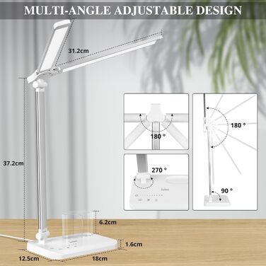 Світлодіодна настільна лампа iVict з подвійним поворотним кронштейном, 5-режимне сенсорне керування рівнями яскравості Настільний світильник із 45-хвилинним таймером автоматичного вимкнення, USB-порт для заряджання, функція пам'яті, тримач для ручки для о