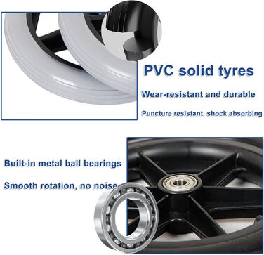 Колеса для інвалідних візків, заміна для передніх коліс інвалідного візка, 2 шт. и міцних коліщаток, безшумні стандартні коліщатка, стійкі до проколів, для літніх і хворих людей, розміри чорні 8 дюймів / 20 см.