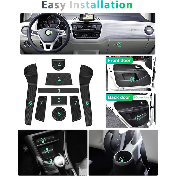 Протиковзкі килимки GAFAT VW UP/Seat MII/Skod Citigo 2013-2023 2024, гумові килимки для центральної консолі автомобіля, килимок для підстаканника, нековзний килимок для зберігання речей, дверний шов нековзний 9 шт. (чорний)