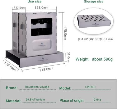 Туристична плита Boundless Voyage, портативна, розбірна, титанова плита, дров'яна плита, легка, компактна, міцна, для туристичних рюкзаків, походів, подорожей, барбекю Ti2010C