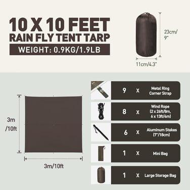 Водонепроникний, ультралегкий брезентовий намет для кемпінгу, анти-ультрафіолетовий захист від сонця дощу снігу, з вушком алюмінієві штифти нейлонові мотузки, легкий компактний, для кемпінгу пікніка походу гамак темно-коричневий 3x3M, 3x3/3x5M