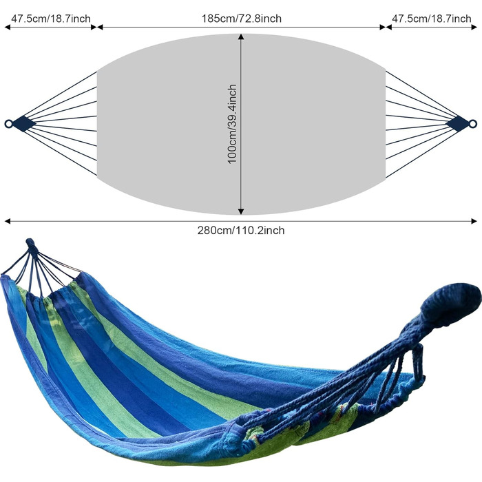 Гамак Firschoie, полотно 280 х 100 см загальна довжина 280 см Вантажопідйомність гамака 300 кг, смугастий туристичний гамак Зручні вуличні гамаки, Hamgemate для вулиці, кемпінгу, балкона, пляжу (синій)