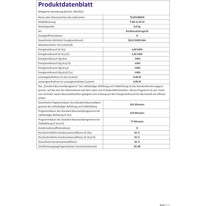 Сушарка Telefunken T-K8-11-B-V2 до 8 кг з 15 програмами, захистом від складок і реверсуванням барабана, біла