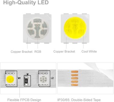 Теплий білий (2700K-3000K) 4 кольори в 1 Світлодіод 5м 60 світлодіодів/м Багатобарвна світлодіодна стрічка IP65 Силіконове покриття Водонепроникна біла друкована плата DC12V для прикраси інтер'єру (Rgb холодний білий, IP 30), 5050 RGBW RGB