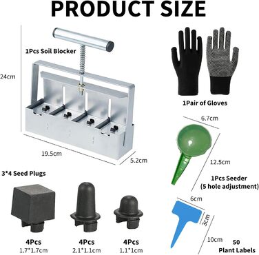 Ручний блокувальник ґрунту, ручний блокувальник ґрунту 5 * 5 см, набір мікро-блокувальників ґрунту Soil Block з 4 шт. , ручний чотирикутний блокувальник ґрунту з допоміжним посівним матеріалом, рукавичками, етикеткою для рослин на відкритому повітрі