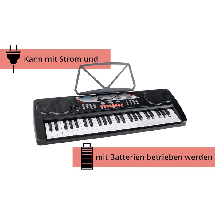 Клавіатура McGrey BK-4910BK - Дитяча клавіатура з 49 клавішами - Клавіатура для початківців з 16 звуками і 10 ритмами - Піаніно з функцією навчання, мікрофоном для співу і пюпітром - Чорний