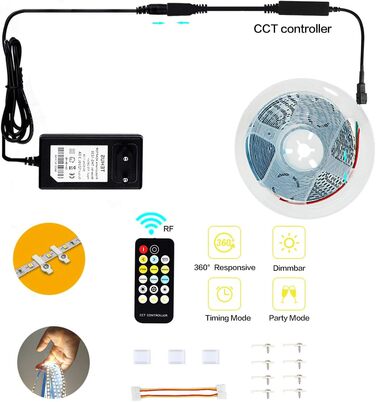 Світлодіодна стрічка KWODE, світлодіодна стрічка з регулюванням яскравості 3000K тепла біла та холодна біла стрічка 6000K, світлодіодна стрічка 12 В із джерелом живлення та пультом дистанційного керування для стелі, кухні, спальні (різнокольорова, 6 м)