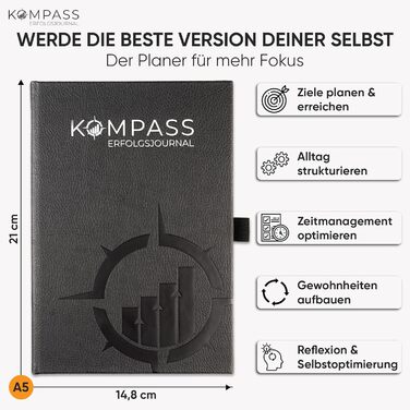 Стартова версія журналу успіху KOMPASS Планувальник цілей, саморефлексії, зосередженості, уважності та вдячності Щоденник, блокнот, органайзер у форматі DIN A5