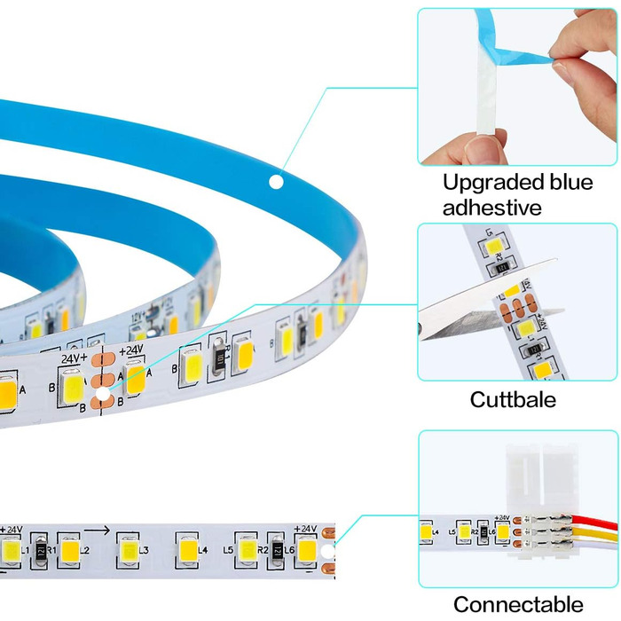 Світлодіодна стрічка KWODE, світлодіодна стрічка з регулюванням яскравості 3000K тепла біла та холодна біла стрічка 6000K, світлодіодна стрічка 12 В із джерелом живлення та пультом дистанційного керування для стелі, кухні, спальні (різнокольорова, 6 м)