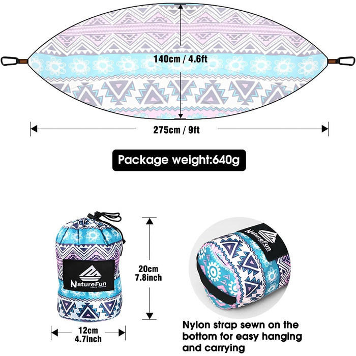 Туристичний кемпінг-гамак NATUREFUN 275 x 140 см преміум-класу максимальна вантажопідйомність до  300 кг дихаючий, швидковисихаючий з парашутного нейлону з 2 карабінами синьо- рожевий принт
