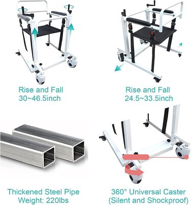 Портативний підйомник для пацієнтів, сталевий транспортний інвалідний візок, багатофункціональний підйомник для перенесення пацієнтів повного тіла для людей похилого віку та інвалідів з м'яким сидінням, максимальне навантаження 220 фунтів