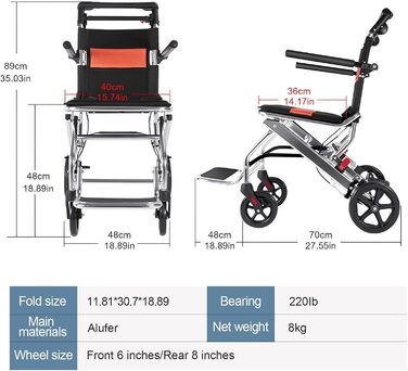 Універсальне легке складне інвалідне крісло, Транспортне крісло колісне, легке транспортне туристичне крісло з вантажопідйомністю 220 фунтів, портативні туристичні інвалідні візки з ручним гальмом, 001