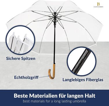 Прозора парасолька LOGAN & BARNES весільна з високоякісною ручкою з натурального дерева Ø120 см - Елегантна велика парасолька 2 особи прозора XXL - модель CARDIFF XL - 120 см прозора - білий край