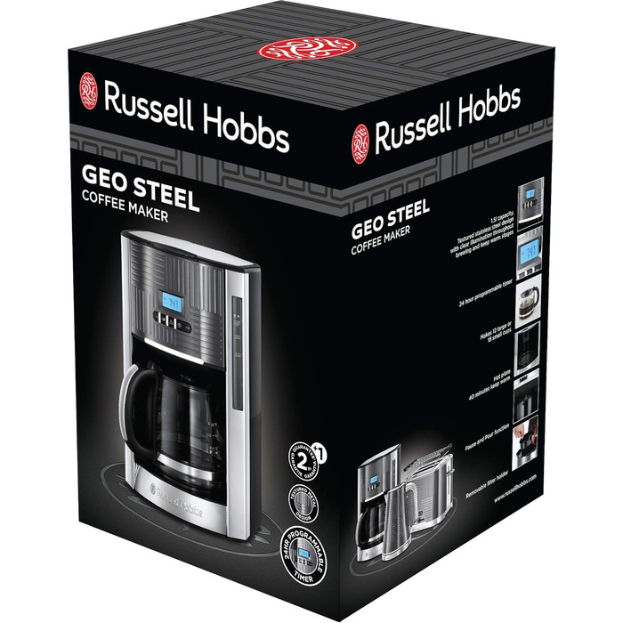 Кавоварка Russell Hobbs цифровий таймер, душова лійка для оптимального відведення та аромату Geo Stainless Steel Grey (макс. 12 чашок, скляний глечик 1.5 л, нагрівальна плита, 1000 Вт) Кавоварка з фільтром 25270-56