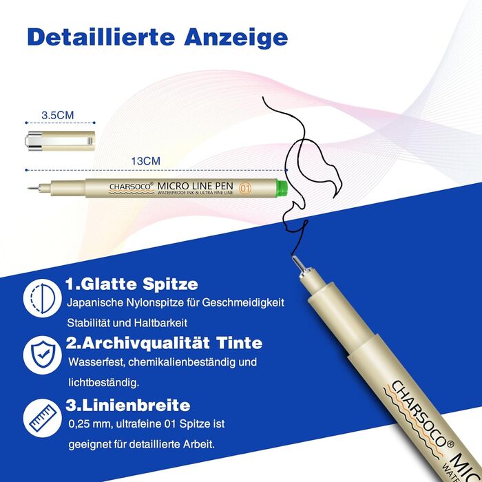 Набір мікроручок CHARSOCO 01 - 12 яскравих кольорів, 0,25 мм ручки Fine Point Fineliner з водостійким архівним чорнилом. Ідеально підходить для шкільного приладдя Аксесуари для малювання Artist Line Художні аксесуари Аксесуари для дизайну