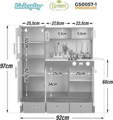 Зелена серія Велика ігрова кухня з дерева - Сіра дитяча кухня з дерева, дитяча кухня зі світлом і звуком, ігрова кухня висотою від 83 до 97 см, до стільниці від 46 до 60 см, (GS0057-1)