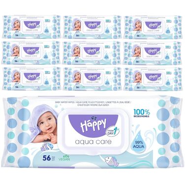 Вологі серветки bella baby Happy Aqua Care, упаковка 10 шт. (10х56 шт. ), 100 біорозкладна, 99 вода, з 1-го дня життя 56 шт. (упаковка 10 шт. )