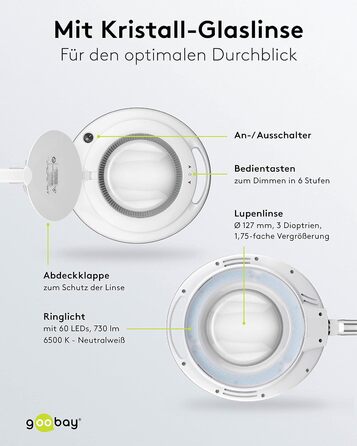 Світлодіодна лампа-лупа goobay 60362 з затискачем / споживана потужність 9 Вт / лінза з кришталевого скла 127 мм/колірна температура 6400 K / 1.75 шт. збільшення/світловий потік 83-730 люмен/біла версія 2023 року