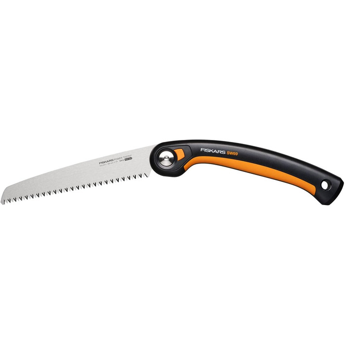 Складна пила Fiskars Plus, для товстих колод і гілок, 3 положення різання, гостре лезо з електроприводом, груба зубчастість, довжина леза 21 см, чорний/помаранчевий, пила SW69, 1067553 (полотно 20 см)