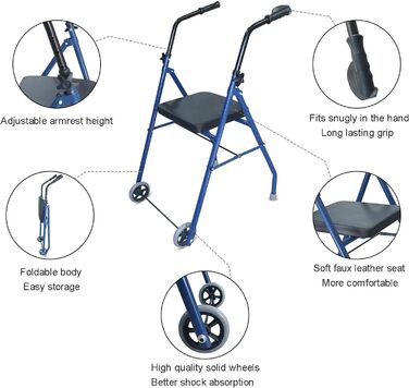 Допоміжні засоби для ходьби Mobility Walker для людей похилого віку з сидіннями та 2 колесами, розбірний допоміжний засіб для ходьби, рама для ходьби, регульований по висоті, легкий, для людей похилого віку та інвалідів, синій