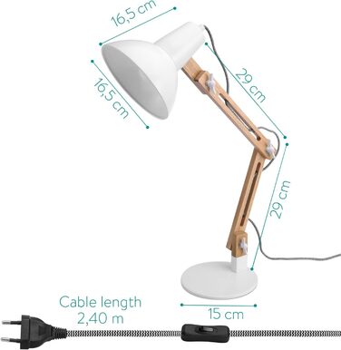 Дерев'яна настільна лампа Navaris Design - Цоколь E27 - з підставкою - Настільна ретро-лампа з регульованим шарнірним кронштейном - вінтажна приліжкова лампа темна (біла)
