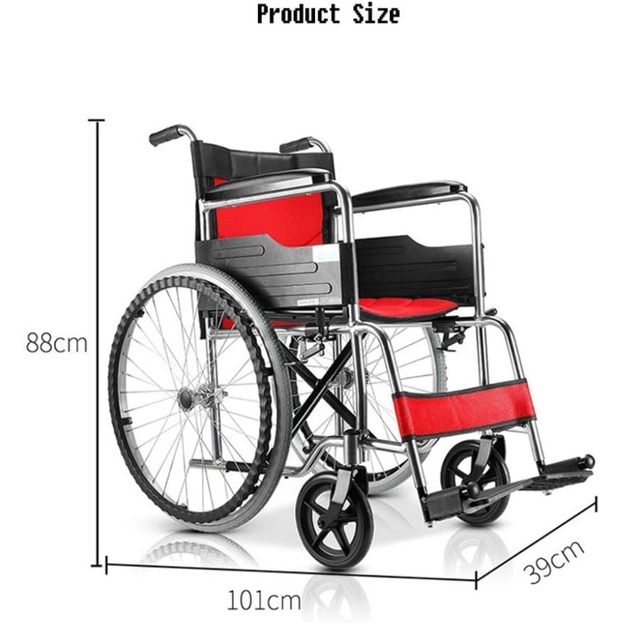 Старий повітряний складаний візок, ручний, легкий, з обмеженими можливостями, виготовлений з алюмінію, портативний, 24 дюйми, заднє колесо, застосовується для дорослих з церебральним паралічем / червоний чорний One size