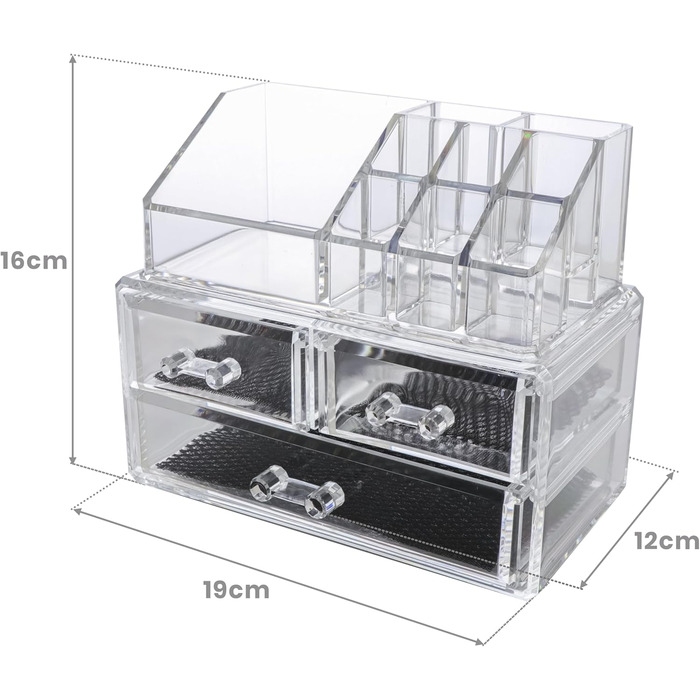 Органайзер для макіяжу, коробка для зберігання косметики з акрилу та пластику, прозора. Розміри 16х19х12 см, косметичний органайзер з висувними ящиками для дому. Ідеально підходить як ідея для подарунка.