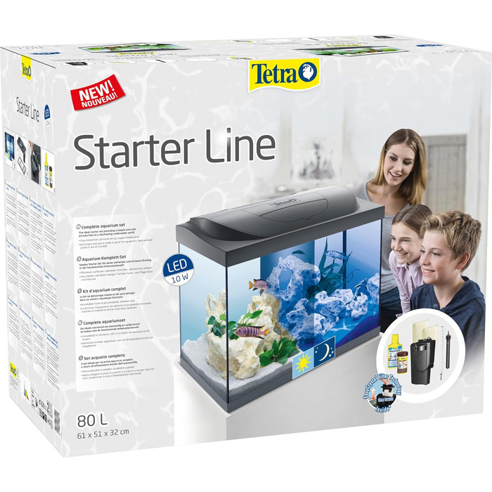 Комплектація акваріума Tetra Starter Line 54 л - в т.ч. денне і нічне світло, LED підсвічування, внутрішній фільтр, обігрівач, кондиціонер для корму для риб і води (з денним і нічним світлом, 80 літрів)