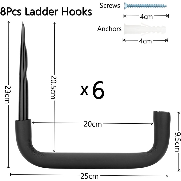 Міцний гачок для зберігання в гаражі 25 см, 6 гачків для драбини із захистом EVA, вішалки для приміщень та вулиці, органайзери для драбин, стільців, велосипедів (23 см x 25 см)